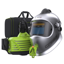 Ready to weld package crystal2.0 clt Frischlufthelm, silber + e3000X Gebläseatemschutzgerät grün, 18h Power Batterie, parking buddy & e3000/X Tasche