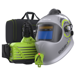 Ready to weld package e684 Frischlufthelm, silber + e3000X Gebläseatemschutzgerät, grün, 18h Power Batterie, parking buddy & e3000/X Tasche