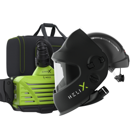 Ready to weld package helix pure air 2.5 schwarz - Frischluft Slide Up Schweiss- /Schleifhelm mit Industrieschutzhelm schwarz und e3000X (ATEX) Gebläseatemschutzgerät grün, 18h Power Batterie, parking buddy und e3000/X Tasche