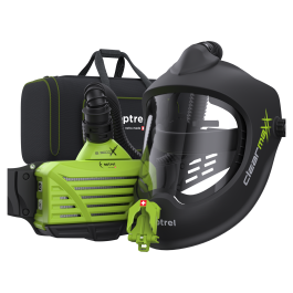 Ready to grind package clearmaxx Frischlufthelm, schwarz + e3000X Gebläseatemschutzgerät grün, 18h Power Batterie, parking buddy & e3000/X Tasche