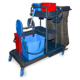 Reinigungswagen mit 2 x 5 l und 2 x 18 l Eimer ,Moppresse,Mophalterung+Ablage,Utensilbehälter,