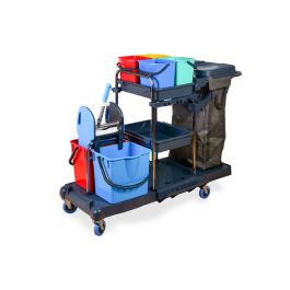 Reinigungswagen mit 4 x 5 l und 2 x 18 l Eimer ,Moppresse, Mophalter+Ablage, Utensilbehälter,
