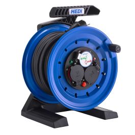 HEDI Vollkunststoff-Kabeltrommel Generation 7 Coworker Ø 250 mm 40 m H05RR-F 3G1,5 mm² in schwarz, 3-fach Schutzkontakt-Steckdose 250 V, Thermoschutzschalter, HEDI Diagnosesystem DiagS, IP44