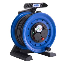 HEDI Vollkunststoff-Kabeltrommel Generation 7 Coworker Ø 250 mm 40 m H07RN-F 3G1,5 mm² in schwarz, 3-fach Schutzkontakt-Steckdose 250 V, Thermoschutzschalter, HEDI Diagnosesystem DiagS, IP44