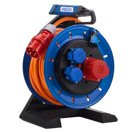 HEDI Vollkunststoff-Drehstromkabeltrommel Generation 7 Champion Ø 290 mm 25 m H07BQ-F 5G2,5 mm² in orange, CEE-Anschlussstecker 5x16 A mit Phasenwender, 2x Schutzkontakt-Steckdosen 250 V, 1x CEE-Steckdose 5x16 A, Thermoschutzschalter, IP54