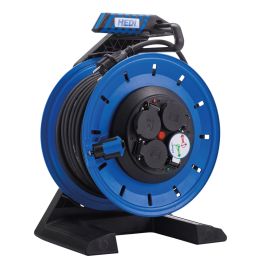 HEDI Vollkunststoff-Kabeltrommel Generation 7 Champion Ø 290 mm mit Schleifring 33 m H07RN-F 3G2,5 mm² in schwarz, 4-fach Schutzkontakt-Steckdose 250 V, Thermoschutzschalter, HEDI Diagnosesystem DiagS, IP54