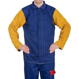 76 cm länge blaue flammhemmende Jacke mit gelbe Rinds-Spaltleder-Ärmel